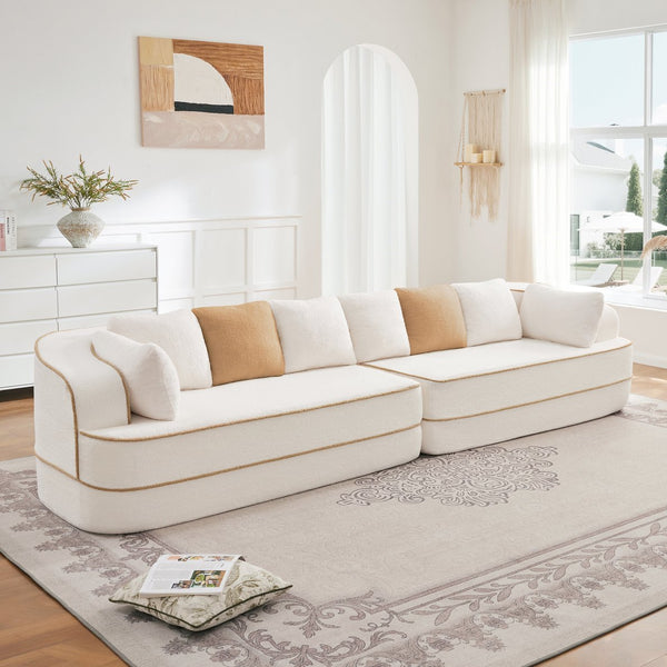 English Elm 135" Plush Teddy Fabric 4-Seat Modular Sofa No Assembly Cloudlike 32D High‑Resilience Comfort Lounge White W714S01415