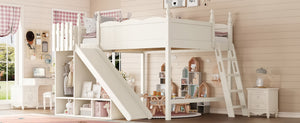 English Elm Queen Solid Pine Loft Bed with Wardrobe Shelves Detachable Slide and Dual Sleeping Zones Beige W5305S00028