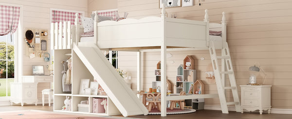 English Elm Queen Solid Pine Loft Bed with Wardrobe Shelves Detachable Slide and Dual Sleeping Zones Beige W5305S00028
