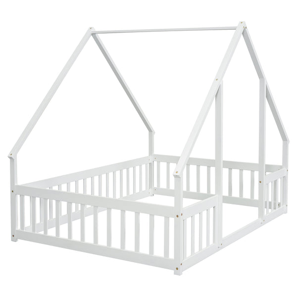 English Elm Full House-Shaped Floor Bed with Fence and Guardrails, Pine Wood Play Loft for Imaginative Kids Retreat White W504P143294