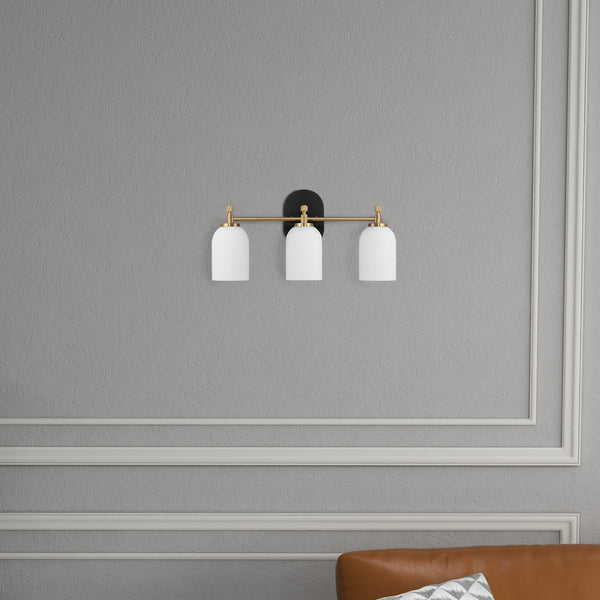 English Elm Ashcroft Furniture - Meadows Brushed Gold Three-Light Vanity Wall Sconce with White Frosted Glass for Bathroom Mirror B183P231793
