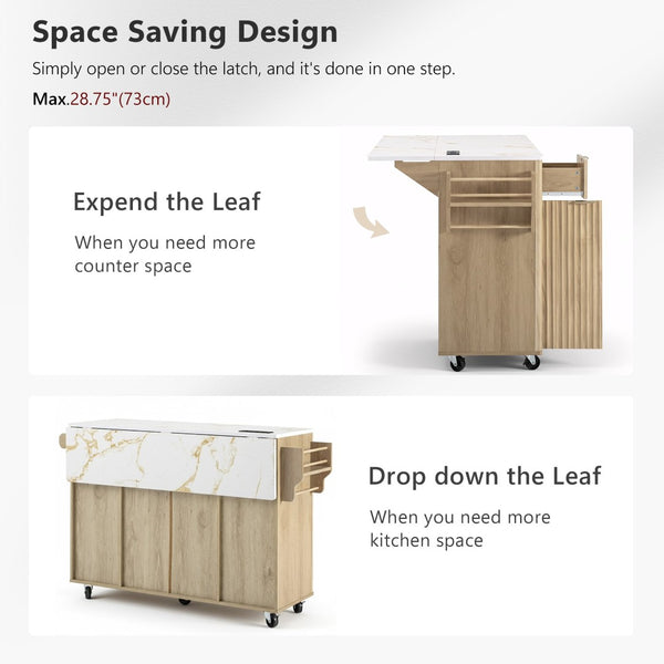 English Elm K&k Fluted Rolling Kitchen Island Faux Marble Top Power Outlet Storage Drawers Natural N707P353945Y