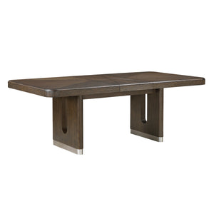 English Elm Modern Extendable Rectangular Dining Table with Oak Veneer, Wire-Brushed Brown Finish & Metallic Base - Seats 6 B011S01900