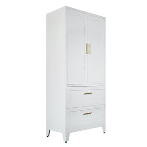 English Elm 71" Tall Metal Wardrobe Cabinet with 2 Drawers, Adjustable Shelf & Hanging Rod — Space-Saving White Closet Organizer W3387P351602