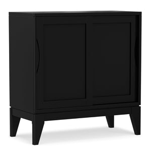 English Elm Harper Rubberwood Low Cabinet Mid-century Modern Sliding Doors Adjustable Shelved Storage B136P436061