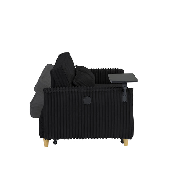 English Elm The pull-out corduroy sofa bed with convertible tabletop and USB charging ports for living room comfort Black W1278P248131