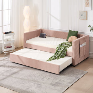 English Elm Twin Velvet Upholstered Daybed with Trundle, V-Pattern Backrest, USB Port, Side Pockets, Sturdy Design Pink W1361S00042