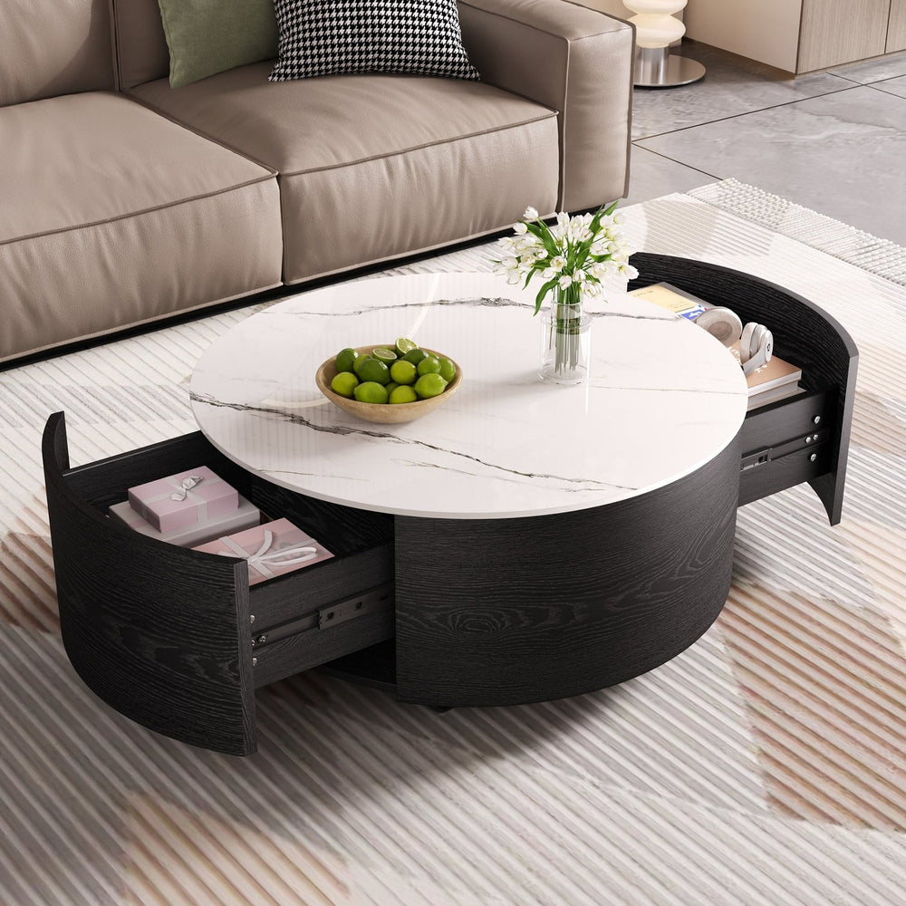 English Elm Modern Round Coffee Table with Sintered Stone Marble Top, Locking Casters, 2 Soft-Close Drawers, Space-Saving Design Black N735P328523B