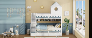 English Elm Twin Over Kids Bunk Bed with Castle Roofline Led Lights and Staircase Storage White N820S00068K