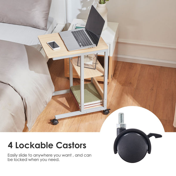 English Elm Shaped End Table with Lockable Wheels and Two-Tier Storage — C-Shape Rolling Side Table for Sofa Natural T3623P409439
