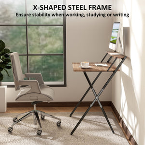 English Elm Folding Home Office Desk with Monitor Shelf Walnut Mdf Top Steel X Frame T3971P408186