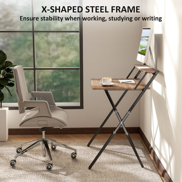 English Elm Folding Home Office Desk with Monitor Shelf Walnut Mdf Top Steel X Frame T3971P408186