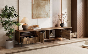 English Elm Mid Century Modern Tv Stand 79 Inch Wood Tone Console with Drawers for Living Room N710P401530P