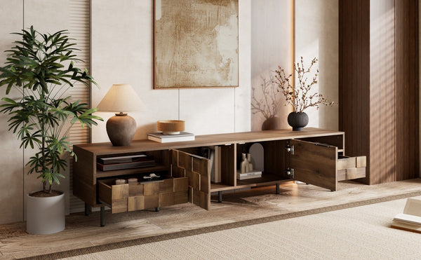 English Elm Mid Century Modern Tv Stand 79 Inch Wood Tone Console with Drawers for Living Room N710P401530P