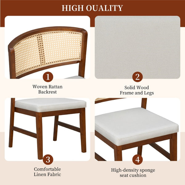 English Elm Rattan Back Armless Dining Chairs Upholstered Seat Rubberwood Frame Kitchen Set of 2 Walnut N842P400687W