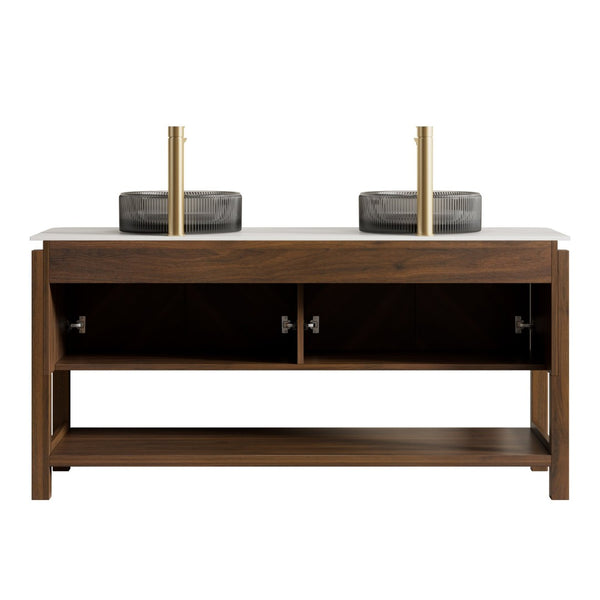 English Elm Dina 60 Inch Floating Bathroom Vanity Sintered Stone Top Dual Glass Basins Wood Grain W2615S00732