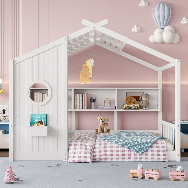 English Elm Twin House Floor Bed for Kids Montessori Playhouse with Roof, Built-In Shelf, Sturdy Pine Frame, Safeologna White 78.6 L x 16.6 W x 6.85 H N733P335064K