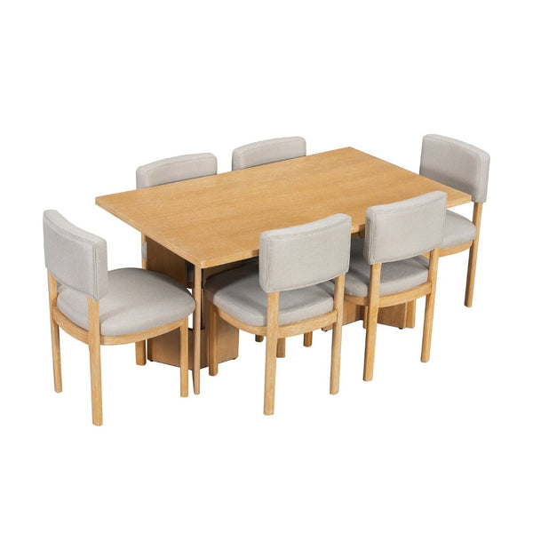 English Elm Trexm Farmhouse Six Seat Dining Set Oak Veneer Distressed Table Upholstered Chairs Natural Wood Wash ST000153AAD