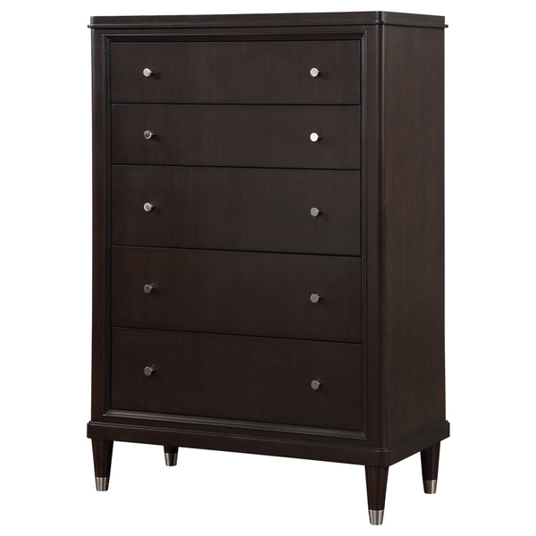 English Elm Niguel Rich Brown 5-Drawer Chest with Silver Knobs & Tapered Legs — Contemporary Bedroom Storage B062P354067