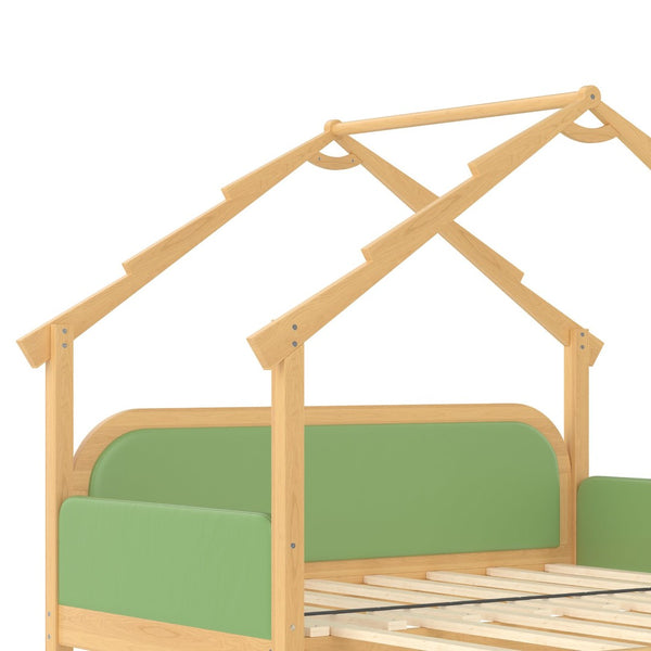 English Elm Twin Pine Treehouse Floor Bed with Padded Rails and Cabin Roofline for Kids Green W1580S00384