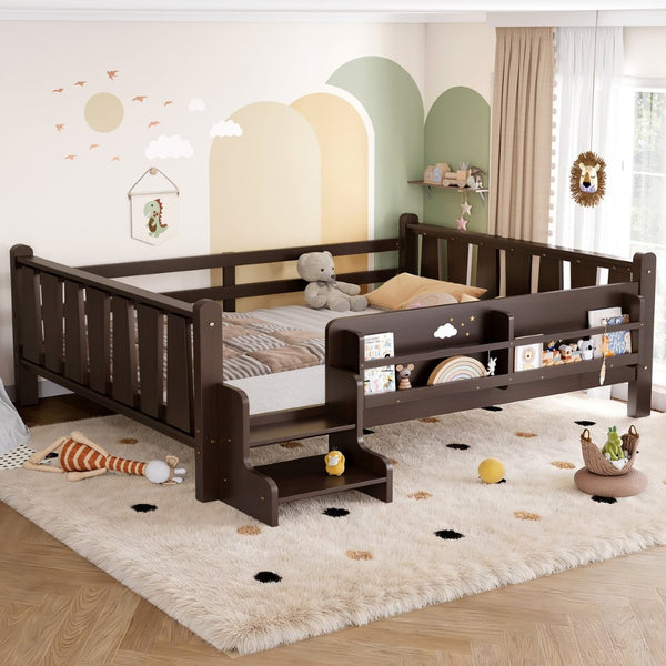 English Elm Twin Pine Floor Bed for Kids with Side Bookcases Built-in Stairs and Safety Guardrails Espresso W1580P390226