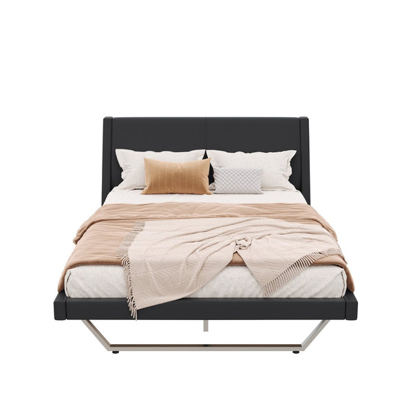 English Elm Queen Pu Leather Platform Bed Sculptural Wave Base Floating Silhouette Modern Bedroom Black N761S0000031B