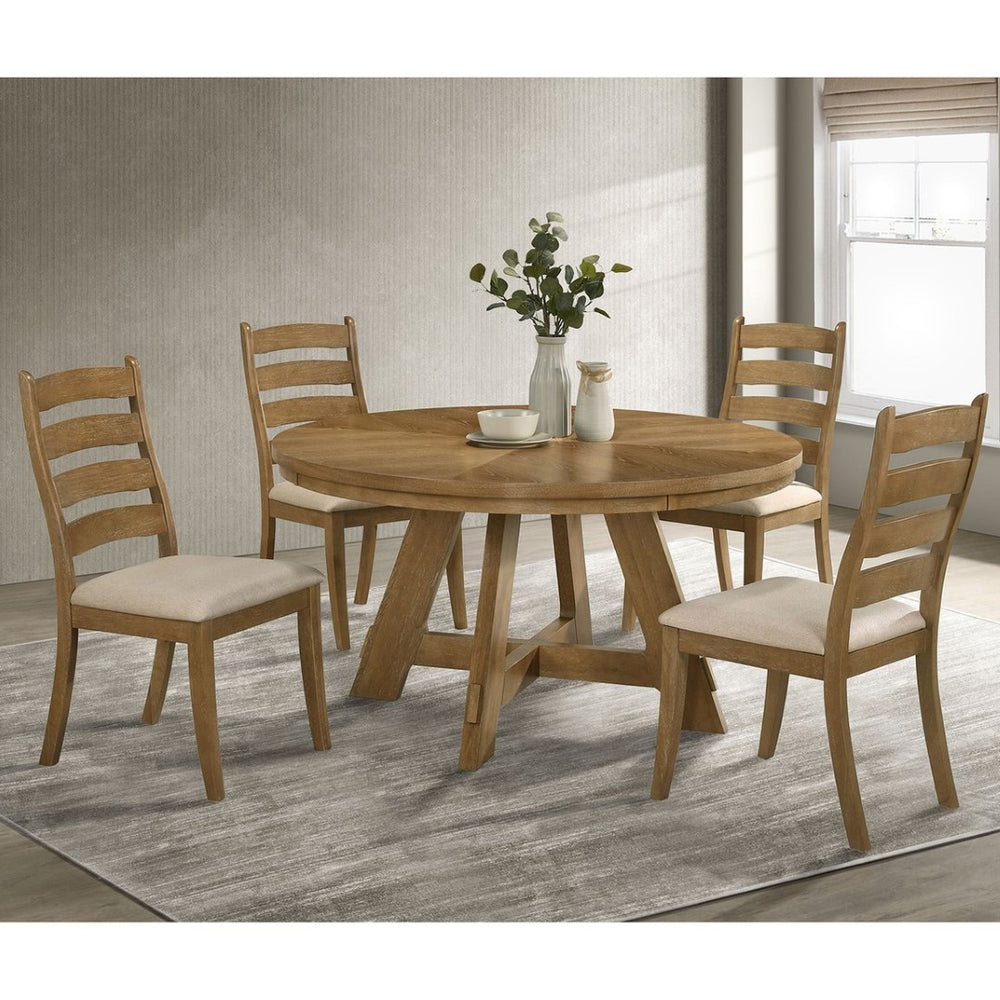 English Elm Kent Round Oak Veneer Farmhouse Dining Set with Ladderback Chairs Seats Four B062S01726