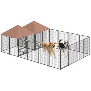 English Elm Large Steel Welded Wire Outdoor Dog Kennel Two Rooms Pvc Roof Adjustable Bowls T3971S00246