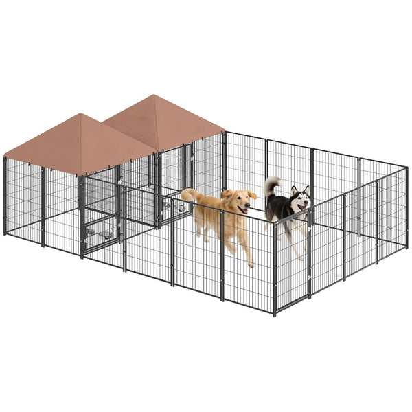 English Elm Large Steel Welded Wire Outdoor Dog Kennel Two Rooms Pvc Roof Adjustable Bowls T3971S00246