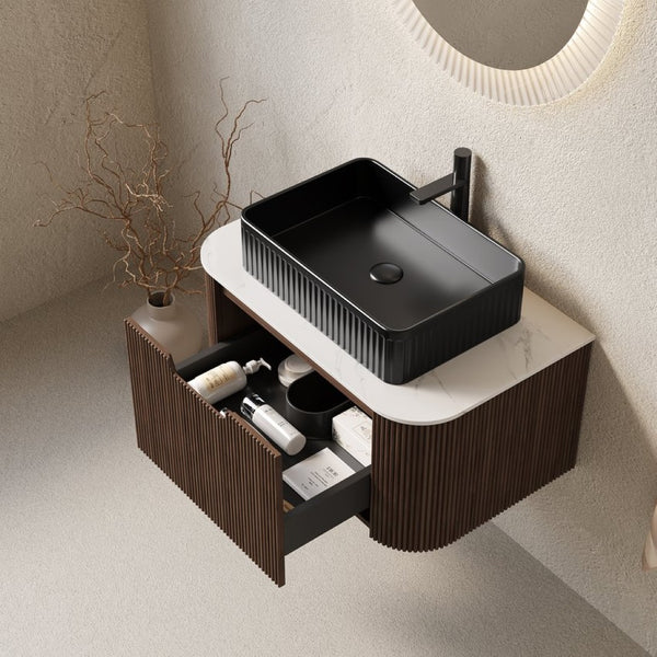 English Elm Muri Floating Bathroom Vanity Plywood Cabinet Sintered Stone Top Oak Drawer Black,Walnut W2615S00190