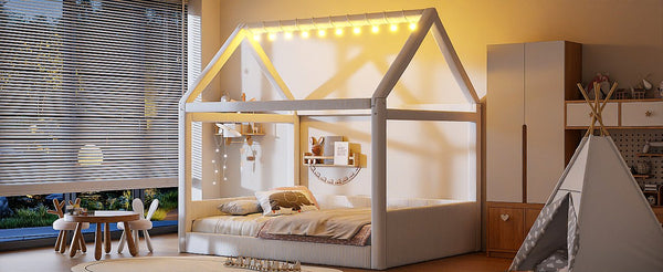 English Elm Full Size Upholstered House Daybed With Led Lighting, Cozy Beige Corduroy For Kids & Guests N7500001335A