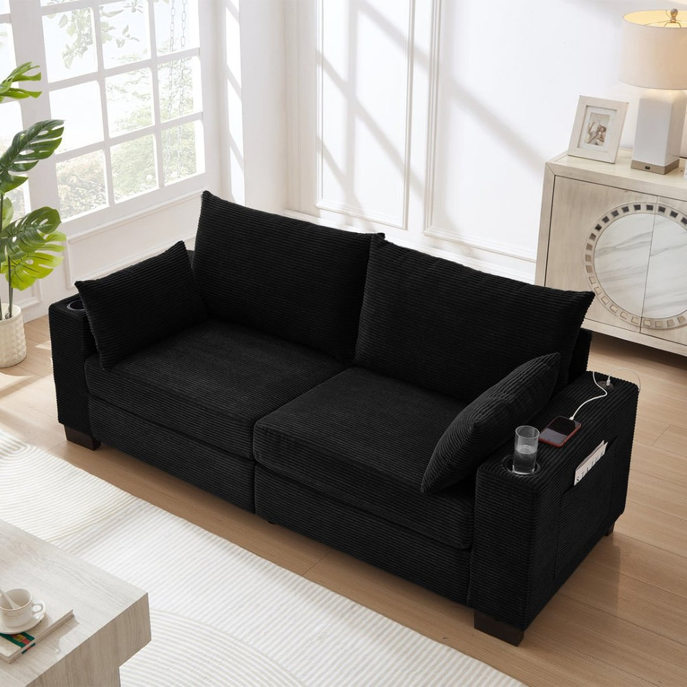 English Elm 78"corduroy Plush Three Seat Sofa with Usb Ports Cup Holders Deep Cushions Apartment Black W3705P455916