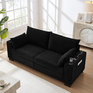 English Elm 78"corduroy Plush Three Seat Sofa with Usb Ports Cup Holders Deep Cushions Apartment Black W3705P455916
