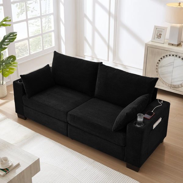 English Elm 78"corduroy Plush Three Seat Sofa with Usb Ports Cup Holders Deep Cushions Apartment Black W3705P455916