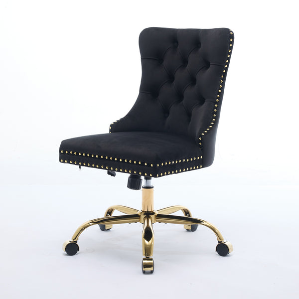 English Elm A&A Velvet Tufted Office Chair with Hand-Pulled Buttons, Nailhead Trim & Golden Metal Base, Luxe Comfort Black W1143P292465