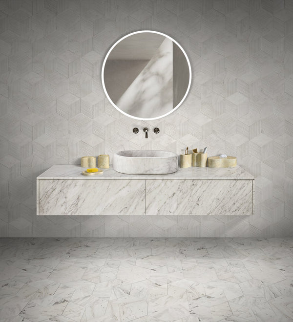English Elm Glod Natural Marble Bathroom Accessories Set — 6-Piece Genuine Stone Vanity Organizers, Elegant Durable Decor Beige+Gold W1696P262944