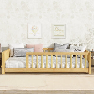 English Elm Twin Floor Platform Bed With Book Rack & Fence, Durable Natural Finish For Cozy Kids' Rooms W504P345766-GIGA