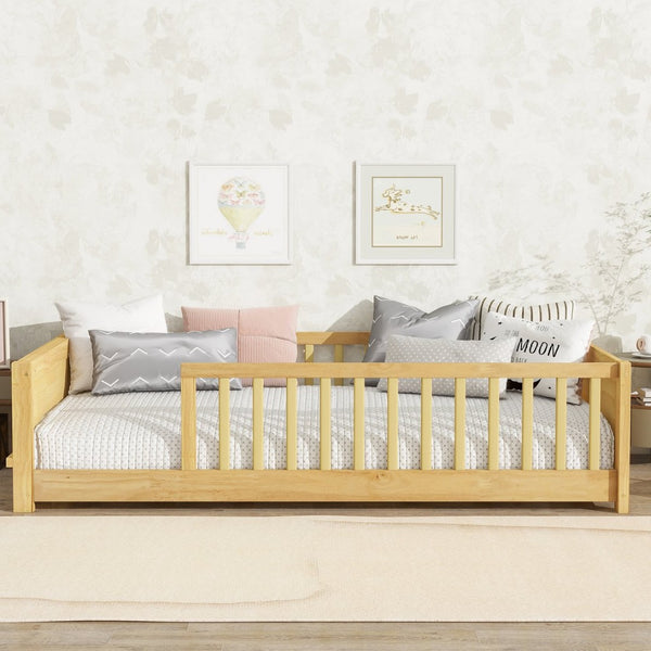 English Elm Twin Floor Platform Bed With Book Rack & Fence, Durable Natural Finish For Cozy Kids' Rooms W504P345766-GIGA