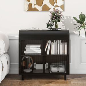 English Elm Modern Sideboard Buffet Cabinet Antique Black Steel Frame with Tempered Figured Glass Doors, Flip-Top Storage Console W3122P272901