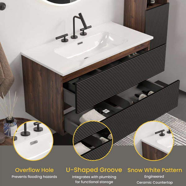 English Elm Galan Freestanding Bathroom Vanity Quartz Basin Fluted Wood Cabinet Modern Bath W1865S00200