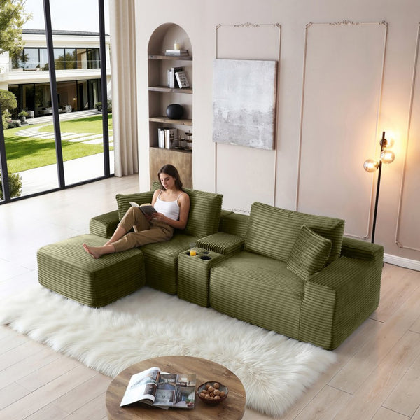 English Elm Modular Cloud Sectional Sofa with Corduroy Deep Seating Usb Ports and Storage Ottoman Green W1117S00361