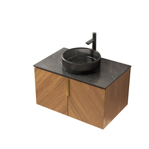 English Elm Arai 30" Modern Wall-Mounted Bathroom Vanity With Sink, Elegant Black Glass & Oak Storage Cabinet W2615S00311