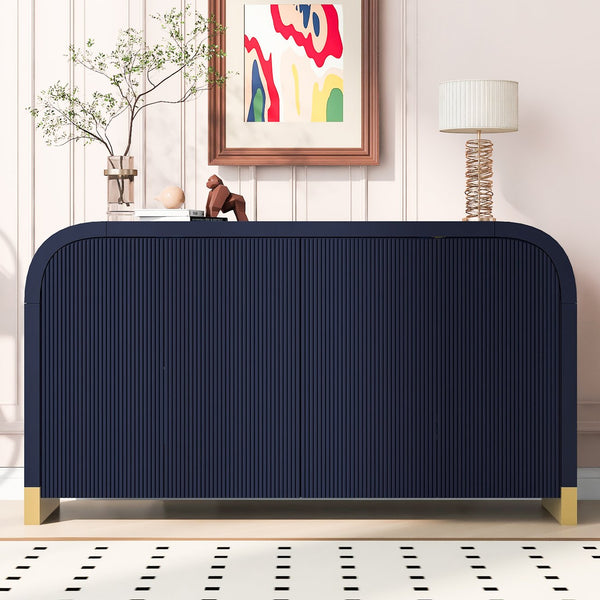 English Elm U_STYLE Curved 4-Door Wavy Panel Cabinet with Adjustable Shelves, MDF-Pine Top, 220lb Capacity, Stylish Storage Navy Blue WF530090AAV
