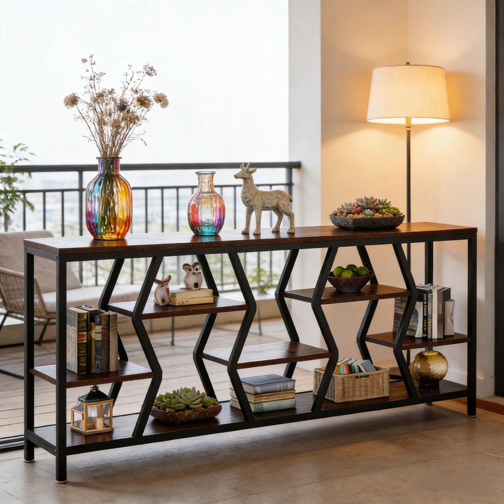 English Elm Hall Console Table Industrial Rustic Two Tier Wood Tone Metal Frame Entryway Sofa T3971P450471