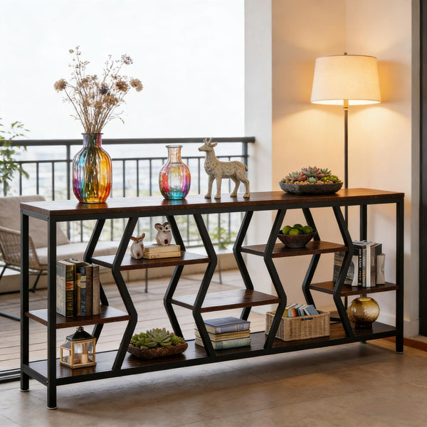 English Elm Hall Console Table Industrial Rustic Two Tier Wood Tone Metal Frame Entryway Sofa T3971P450471
