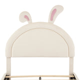 English Elm Twin Size Upholstered Rabbit-Shape Bed With 2 Storage Stools, Velvet Platform Bed With Cartoon Ears Shaped Headboard, White