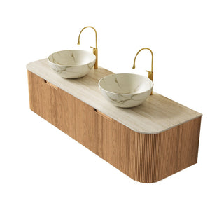 English Elm Dina 60 Inch Floating Bathroom Vanity Sintered Stone Top Dual Glass Basins Wood Grain Beige,Natural Wood,White W2615S00701
