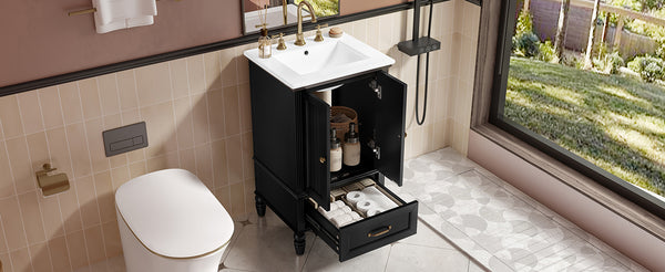 English Elm 20" Bathroom Vanity with Sink Modern MDF Cabinet with Ceramic Top, Drawer, Magnetic Door Stopper Black N725P195132B