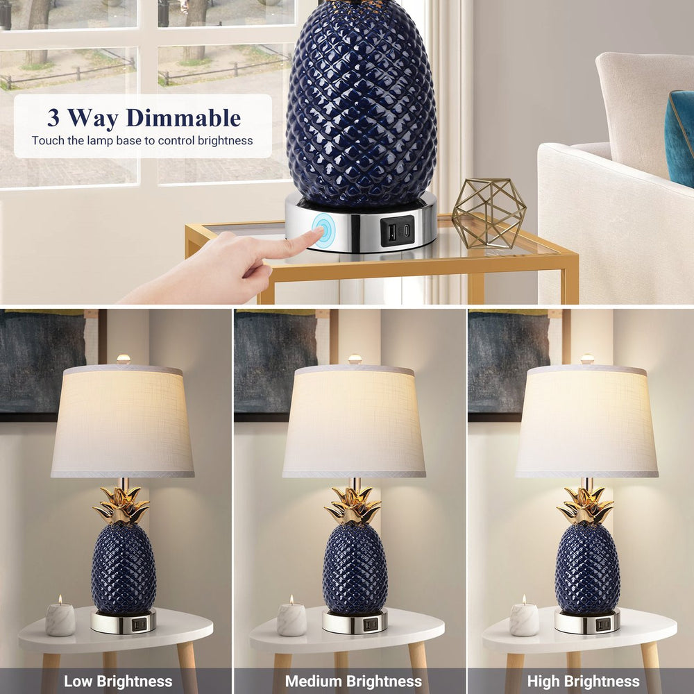 English Elm 22" Pineapple Table Lamps Set of 2 Navy Blue Ceramic 3-Level Touch Dimmable with USB-C+USB-A Ports and Bulbs Included W3355P369130