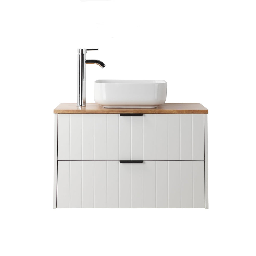 English Elm 32-Inch Wall-Mounted Bathroom Vanity: Modern White Cabinet, Solid Wood Top, Double Drawer Storage W3151S00012